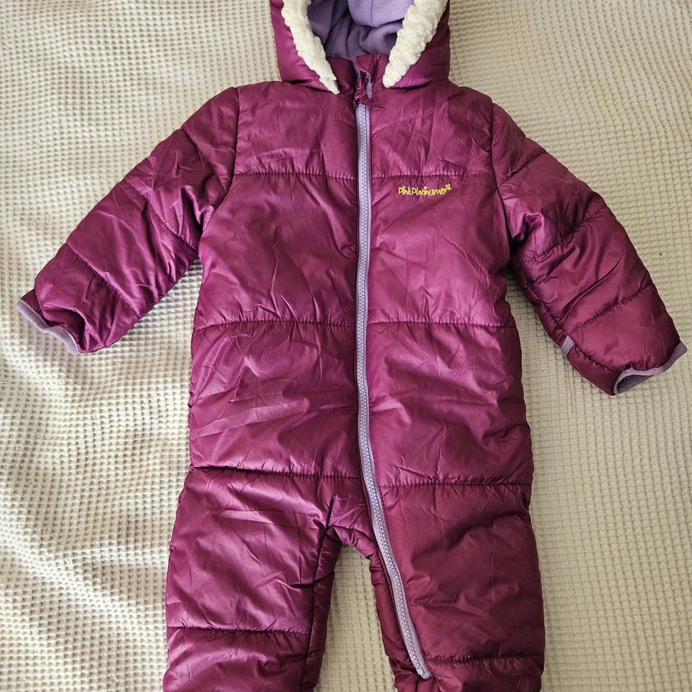 Pink Platinum Plum Quilted Puffer One-Piece Snowsuit with Hood